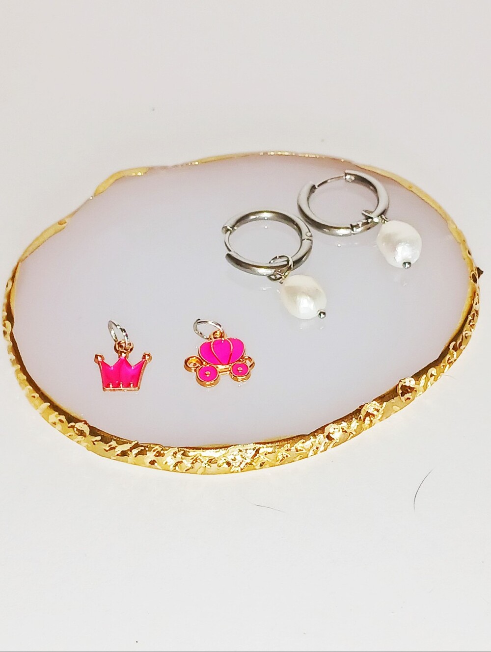 Silver Hoops Interchangable Pearl & Hot Pink Enamel Charms Mod 1960s Dopamine